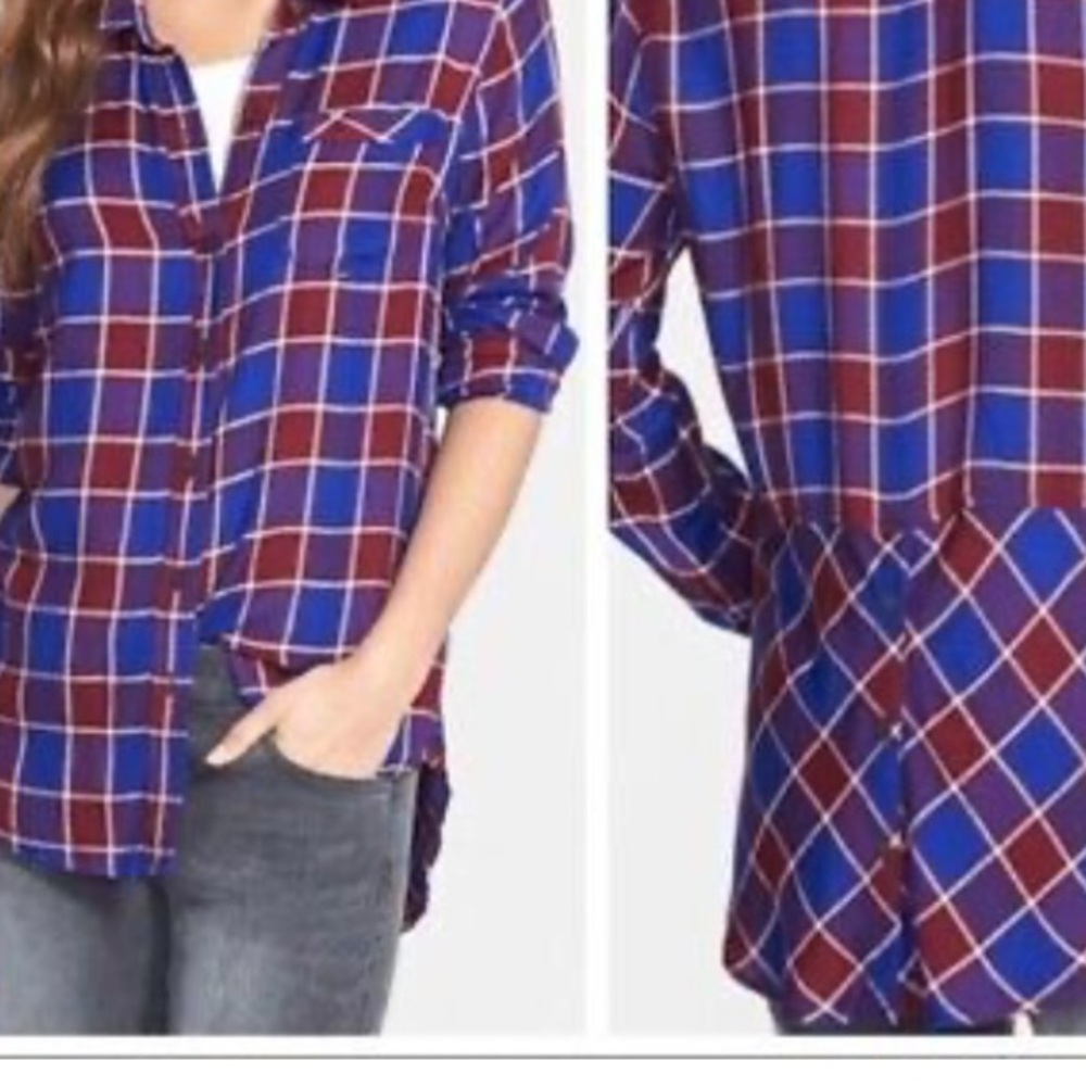 Lucky Brand Top Womens Sz Large Bungalow Plaid Button Back Blue Red Long Sleeve